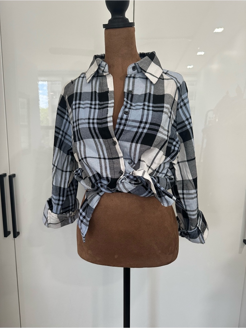 SHEIN Black, Gray & White Plaid Button-Up Shirt